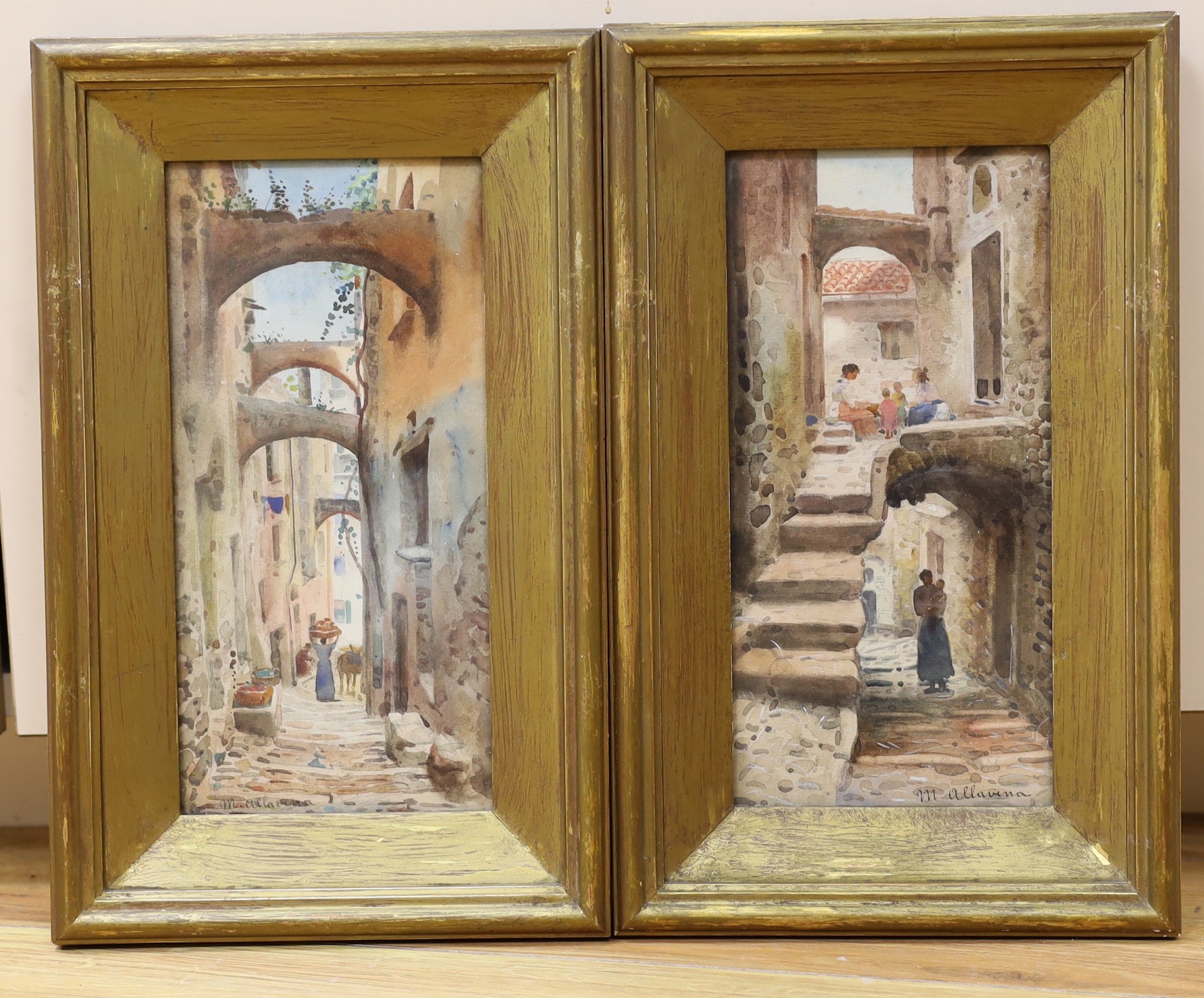 Michele Allavena (1863-1963), pair of watercolours, Neapolitan street scenes, signed, 25 x 12cm